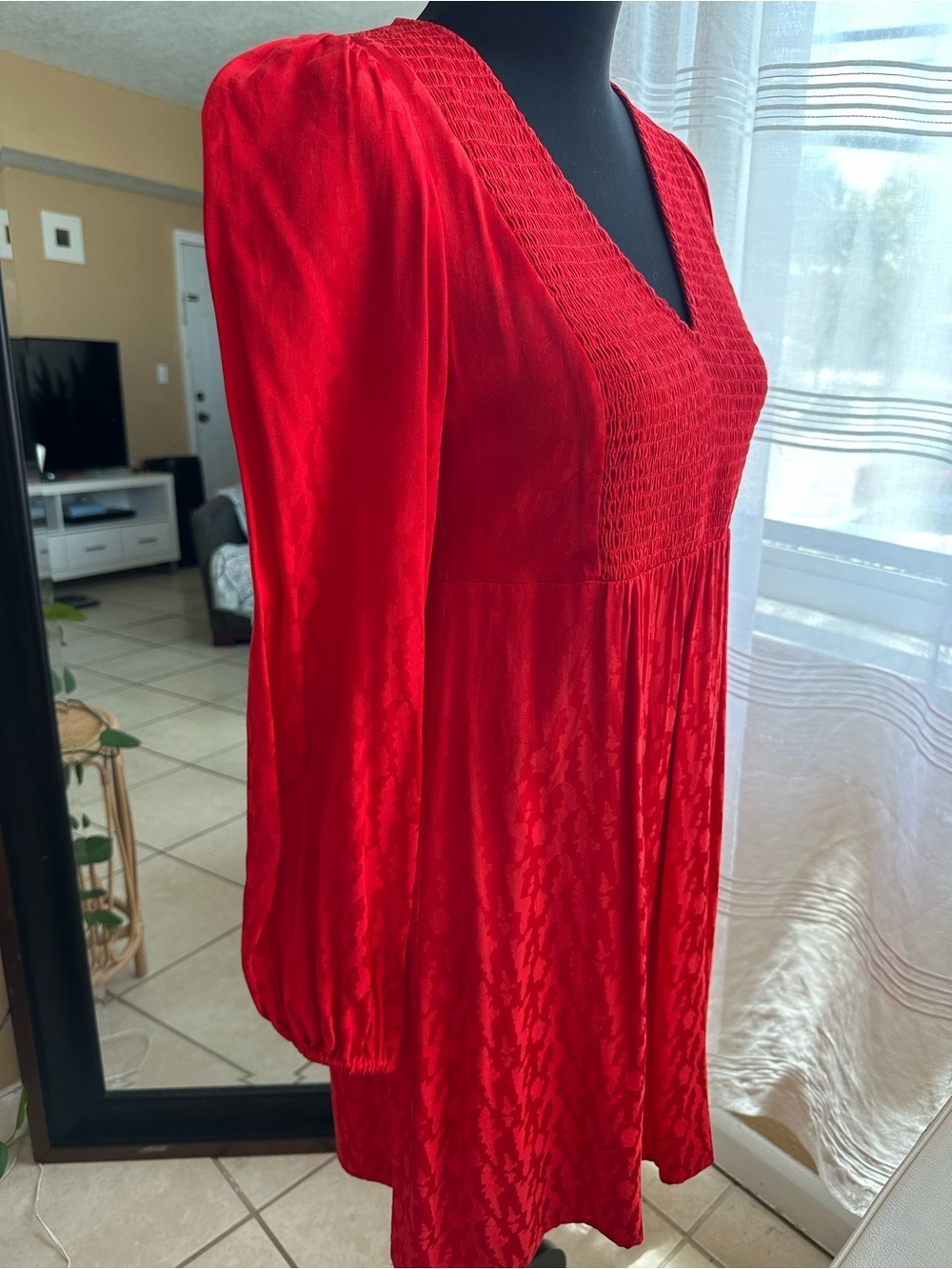 Maje Red Jacquard Smocked Mini Dress Long Sleeve Size 1 - Picture 5 of 16